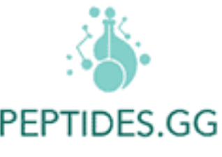 Logo for PEPTIDES.GG featuring interconnected molecular structures above the site name.