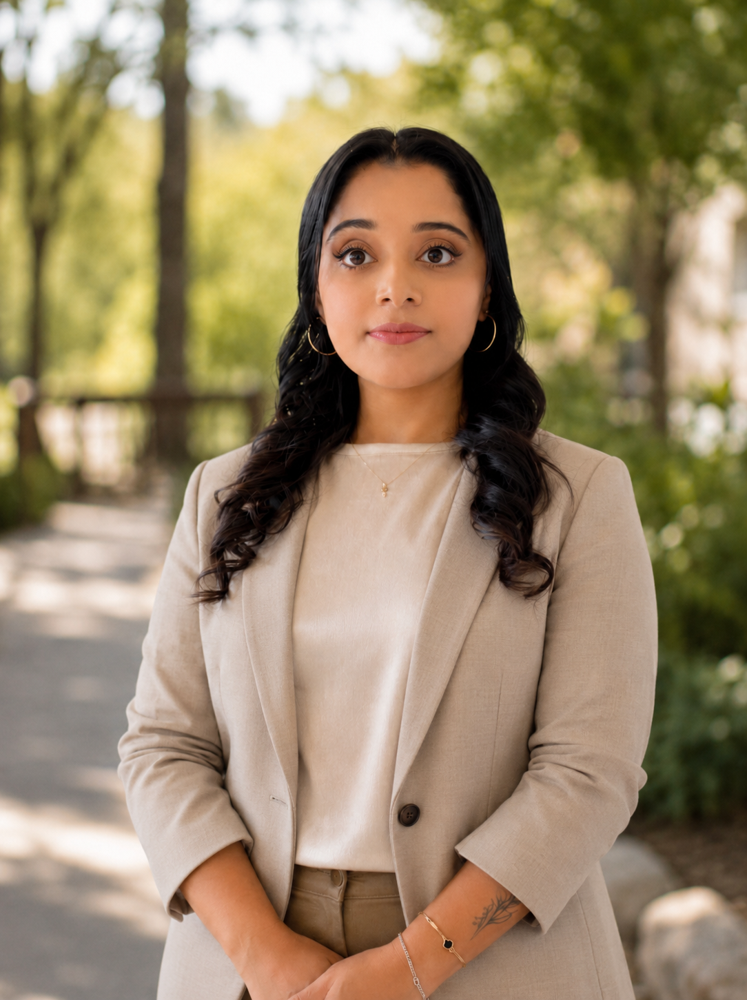 A young woman with long black curly hair, wearing a beige satin blouse, gold hoop earrings, and a delicate necklace, standing in an office space with a plant and framed artwork behind her.