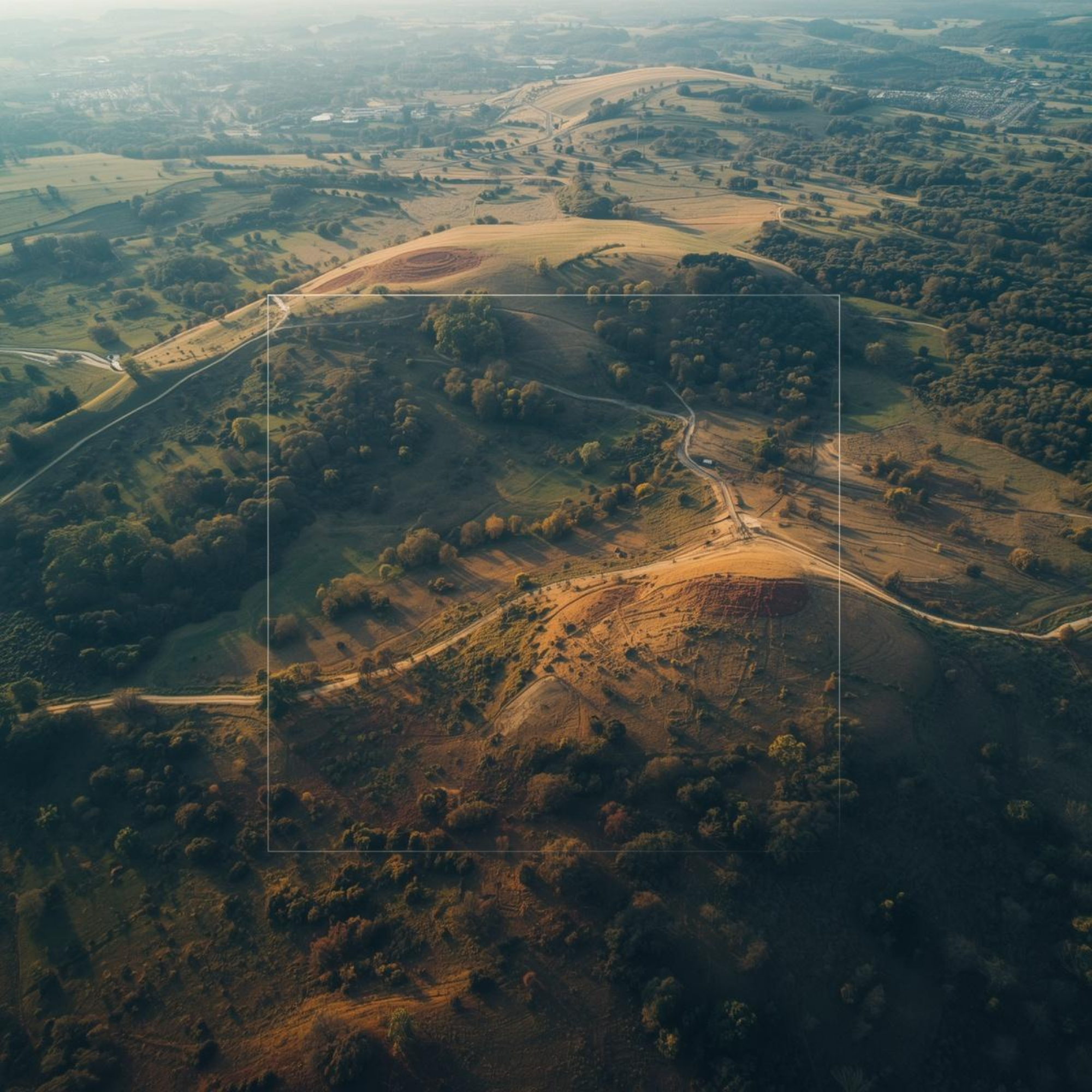 Aerial view of rolling hills and farmland at sunset, with patches of trees and winding roads.