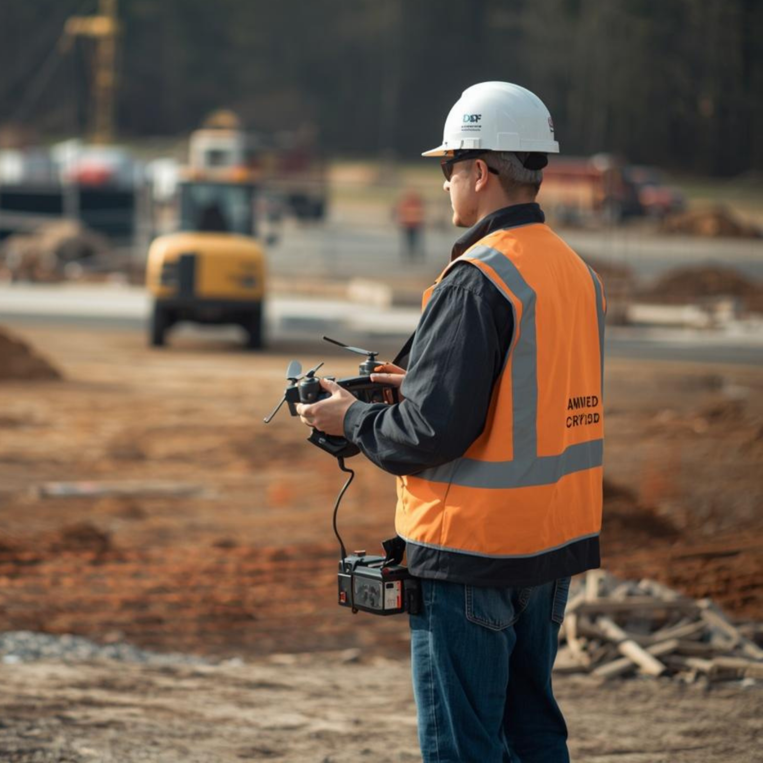 A construction worker in a white safety helmet and orange safety vest operating a drone at a construction site.