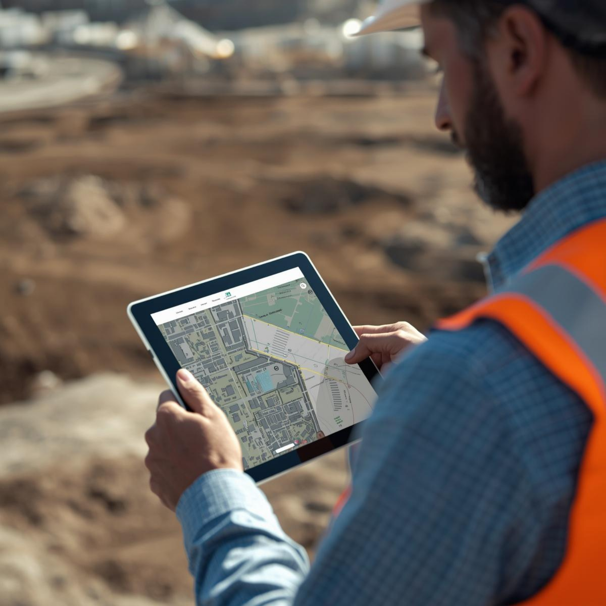 A man wearing a hard hat and safety vest looking at a tablet displaying a digital map with streets and navigation routes, standing outdoors on a construction site or similar area.