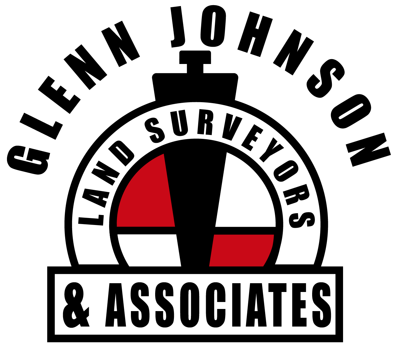 Logo for Lean Johnson Land and Surveyors & Associates featuring a gauge with red and white sections, black outlines, and the company name in bold black text.
