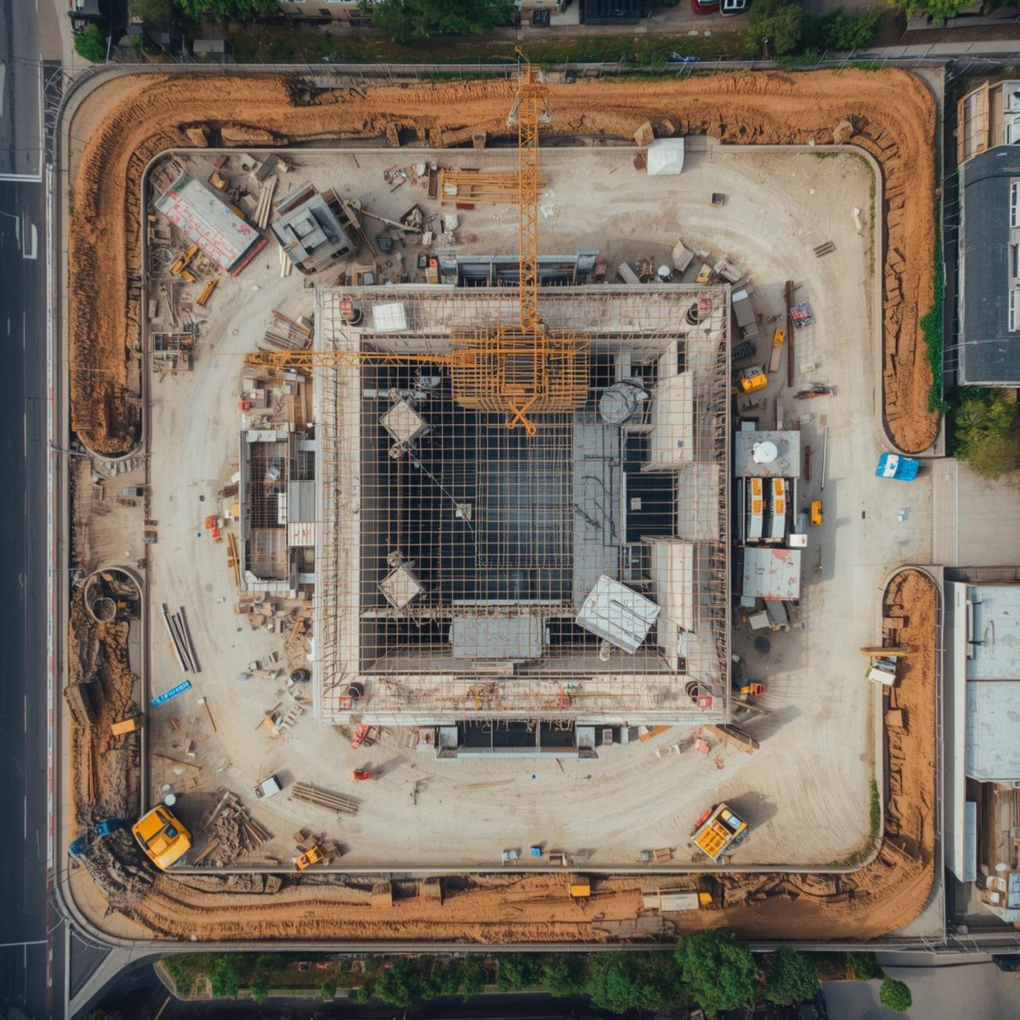 An aerial view of a construction site with a building framework, construction equipment, and dirt roads surrounding the site.