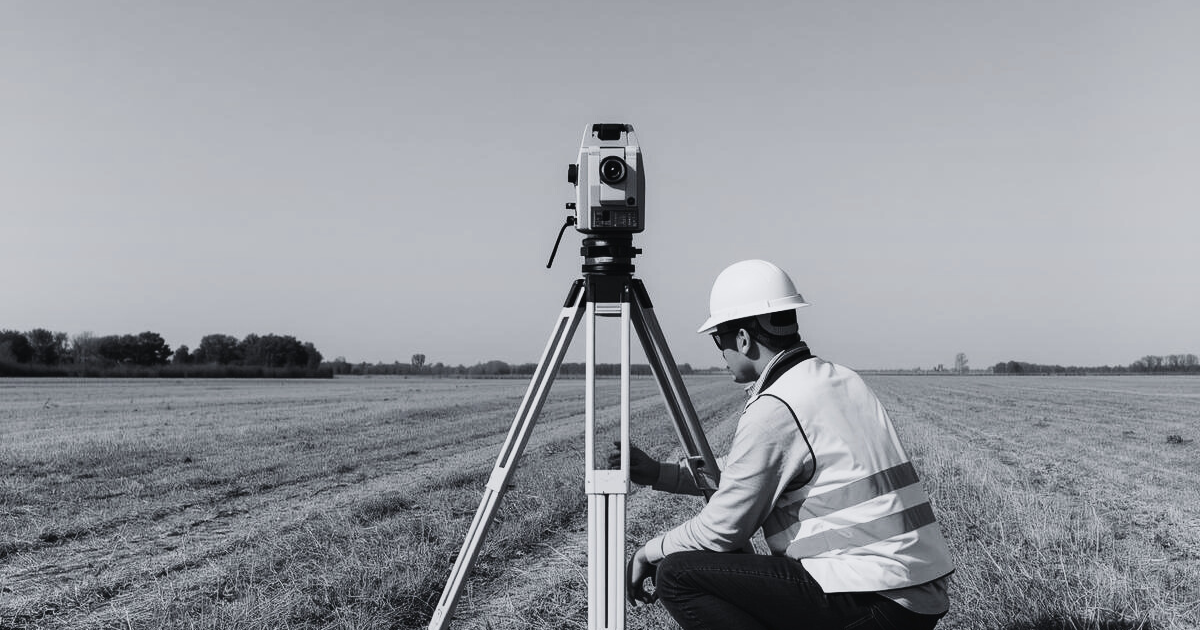 Survey crew member using field equipment to collect land data for professional surveying services.