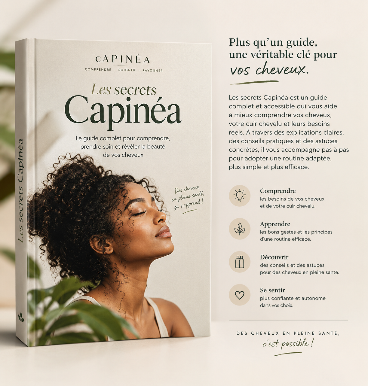 Couverture d’un livre intitulé « Les secrets Capinéa » avec une femme aux cheveux bouclés, yeux fermés, expression de relaxation, et un texte décrivant les avantages du guide pour la santé des cheveux. La couverture comporte également des icônes représentant la compréhension, l’apprentissage, la découverte et la confiance.
