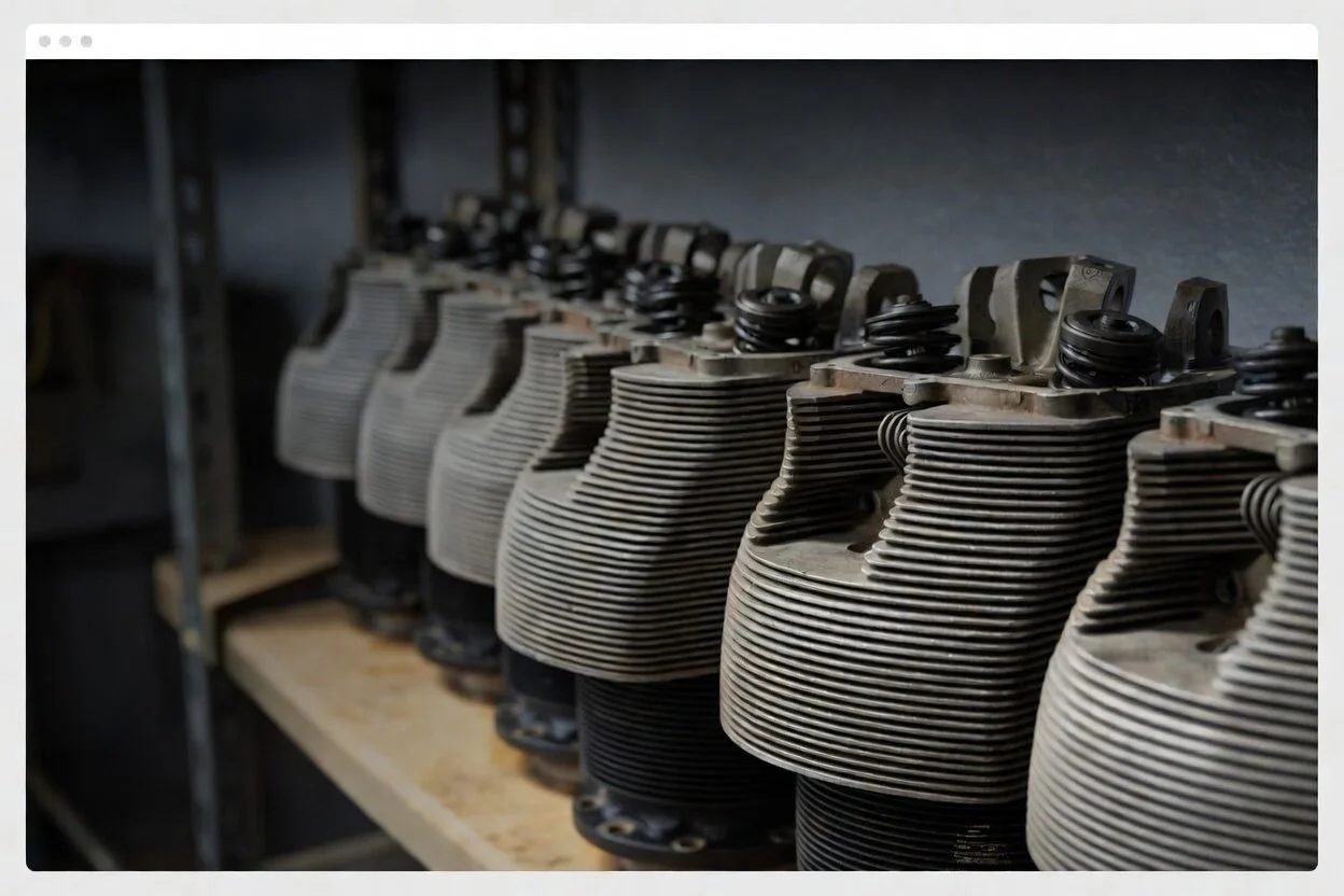 Multiple aviation cylinders are arranged on a wooden shelf in our workshop.