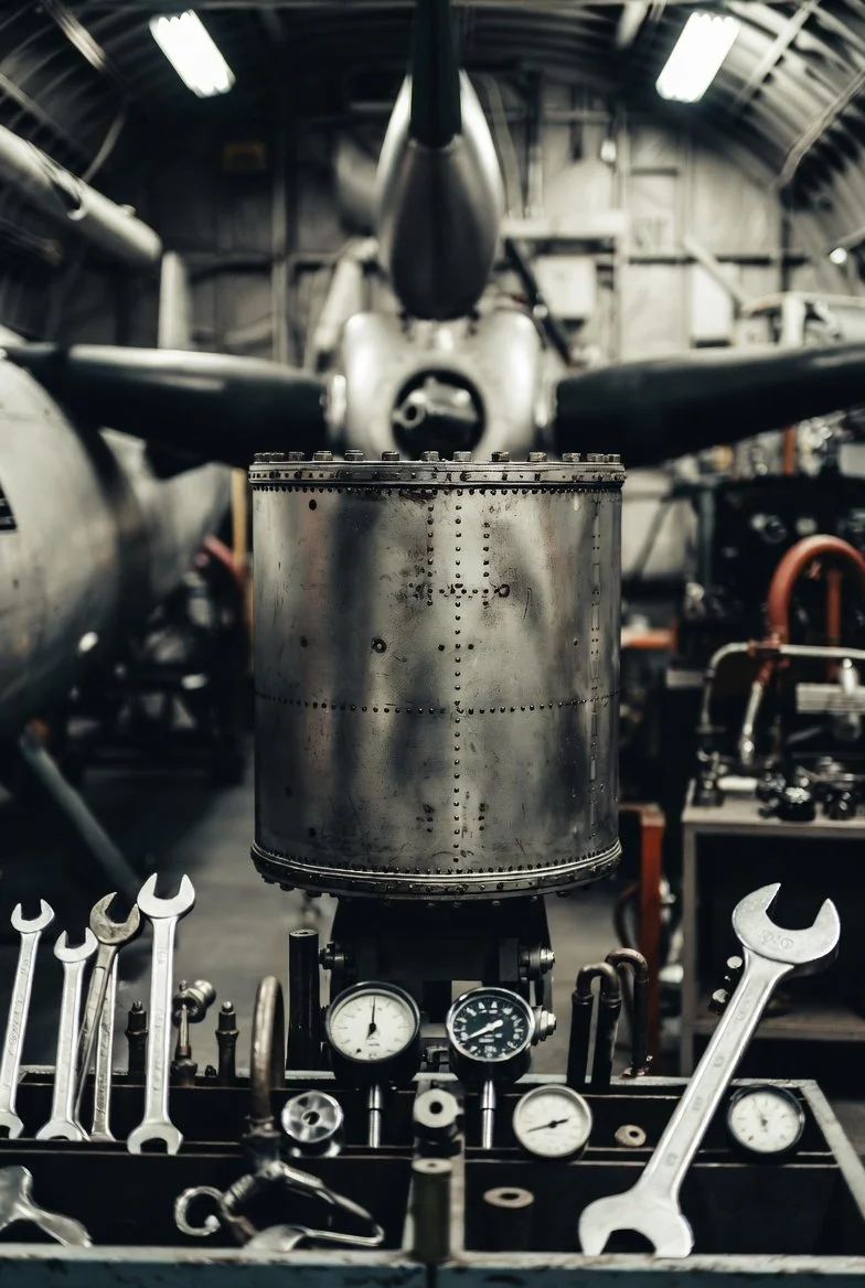 An aircraft engine in a repair shop, with tools and gauges in the foreground.