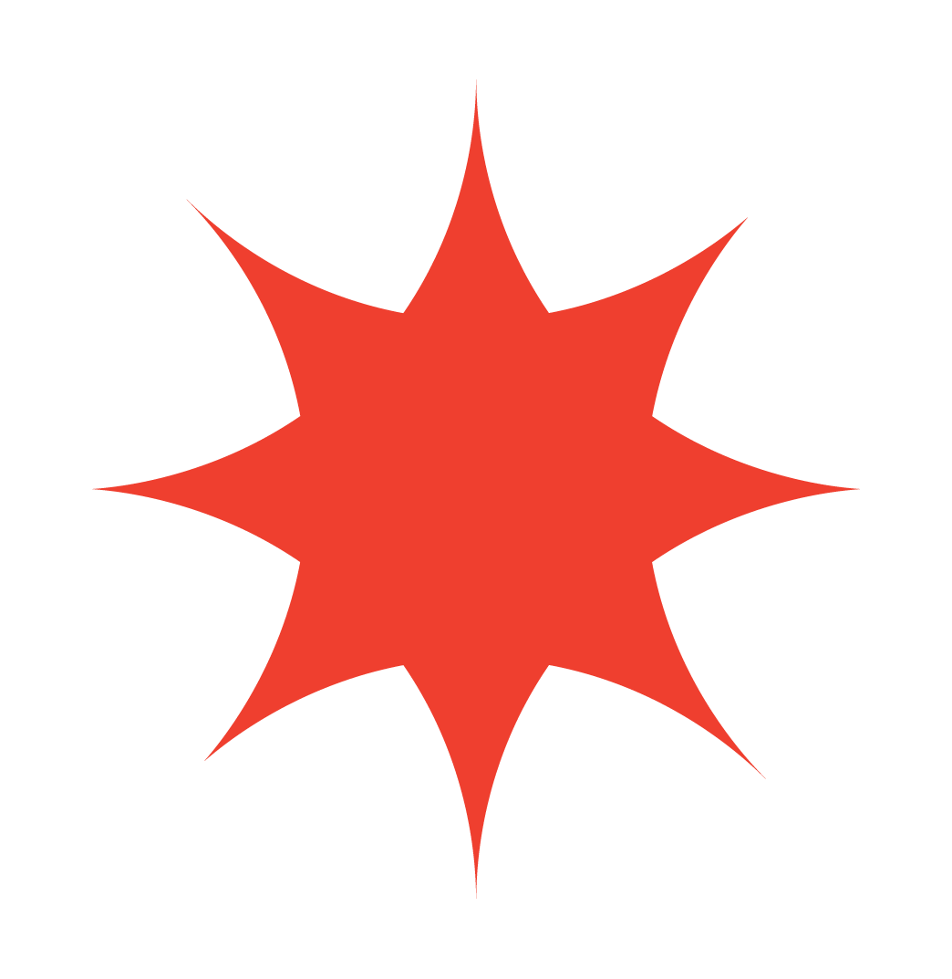 A red stylized starburst shape with multiple pointed arms on a black background.