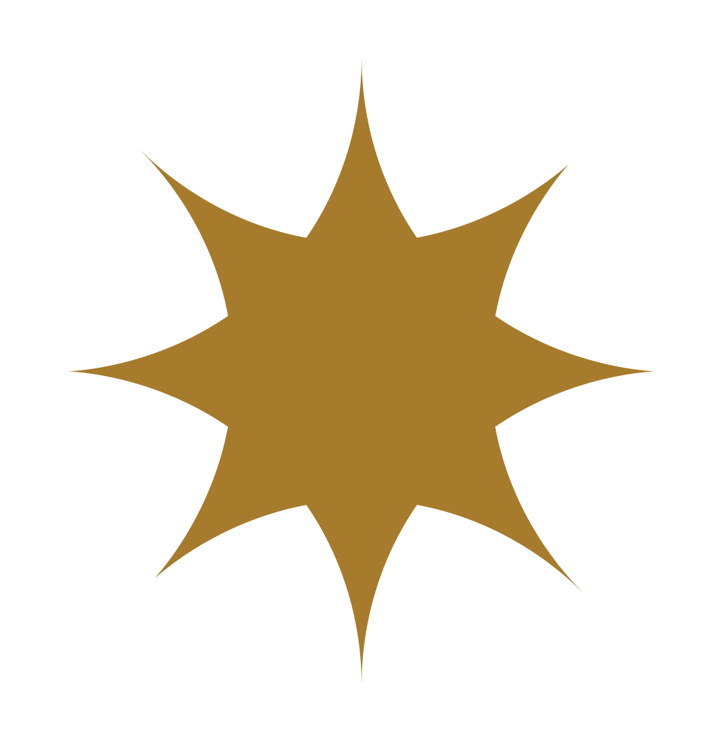Gold-colored eight-pointed star shape with a black background.