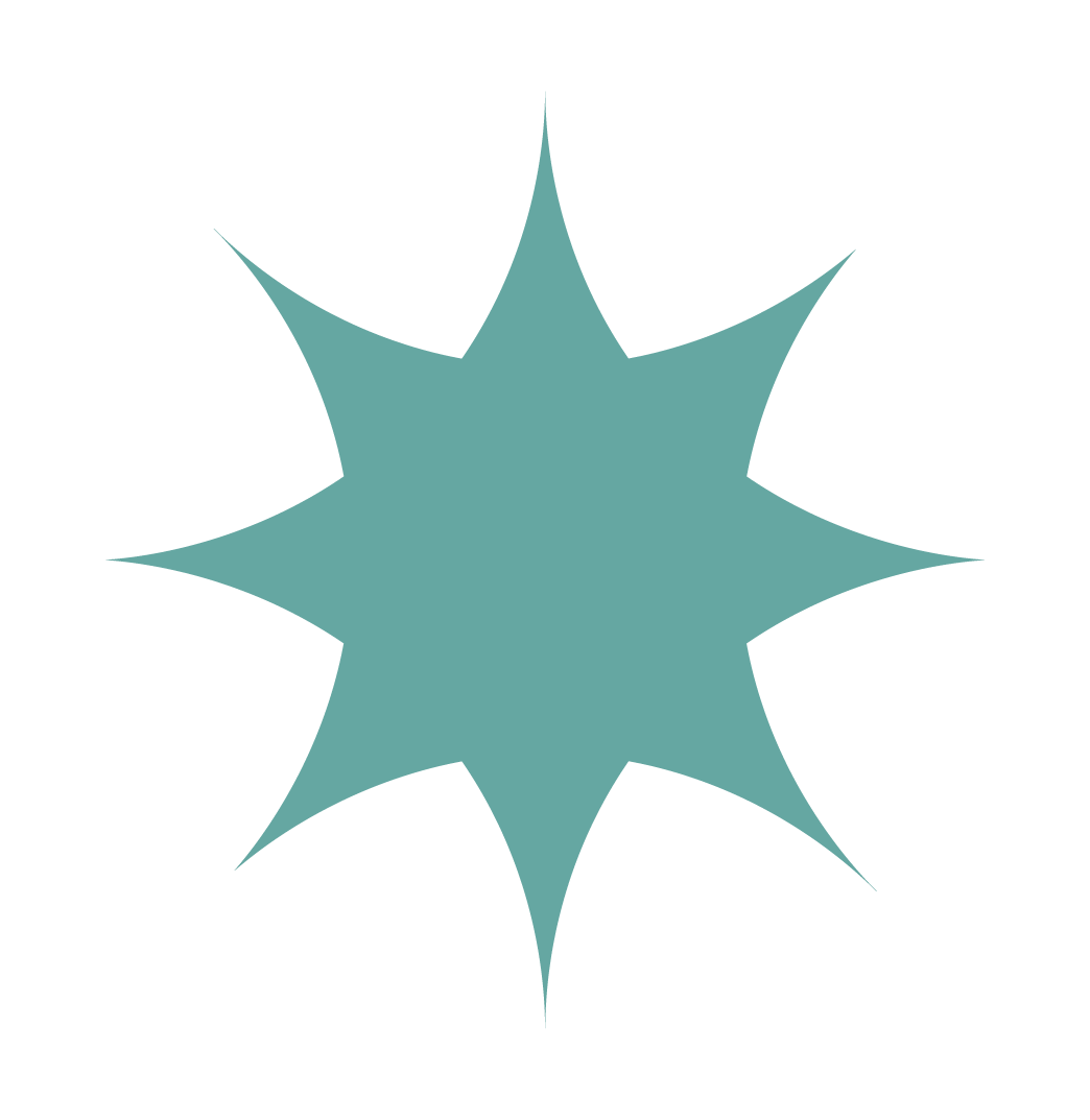 A teal-colored starburst or explosion shape with 8 points on a black background.