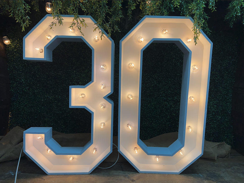 Decorative illuminated numbers '30' with bulbs, set against a green leafy background for celebration or event.