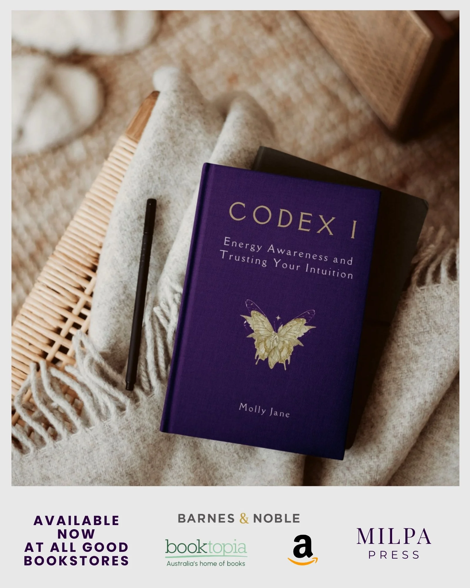 Book cover titled 'CODex I', with the subtitle 'Energy Awareness and Trusting Your Intuition' by Molly Jane. The cover features a golden butterfly on a purple background. Text also indicates the book is available now on Amazon, with phrases like 'universe show us how good it gets' and the publisher is Milpa Press.