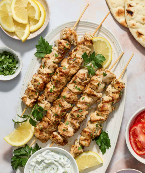 Souvlaki - Grilled chicken or pork skewers marinated and seasoned with classic Greek herbs and spices. (GF)