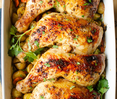 Baked Chicken - Juicy quarter chicken marinated in olive oil and fresh lemon juice, finished with a classic blend of Greek herbs and spices. (GF)