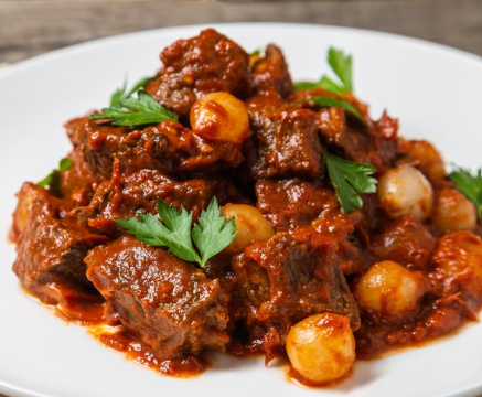 Stifatho -Hearty beef stew with pearl onions simmered in a tomato sauce infused with clove and allspice. (GF)