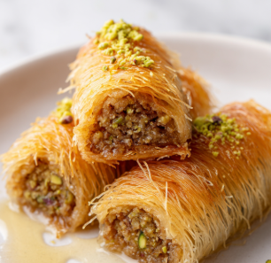 Kataifi — Shredded phyllo pastry wrapped around a sweet nut filling, baked until golden and soaked in a fragrant honey syrup.