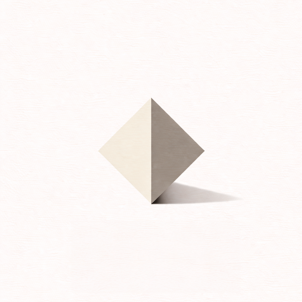 A white and gray geometric paper-folded diamond shape on a light pink surface, casting a shadow.