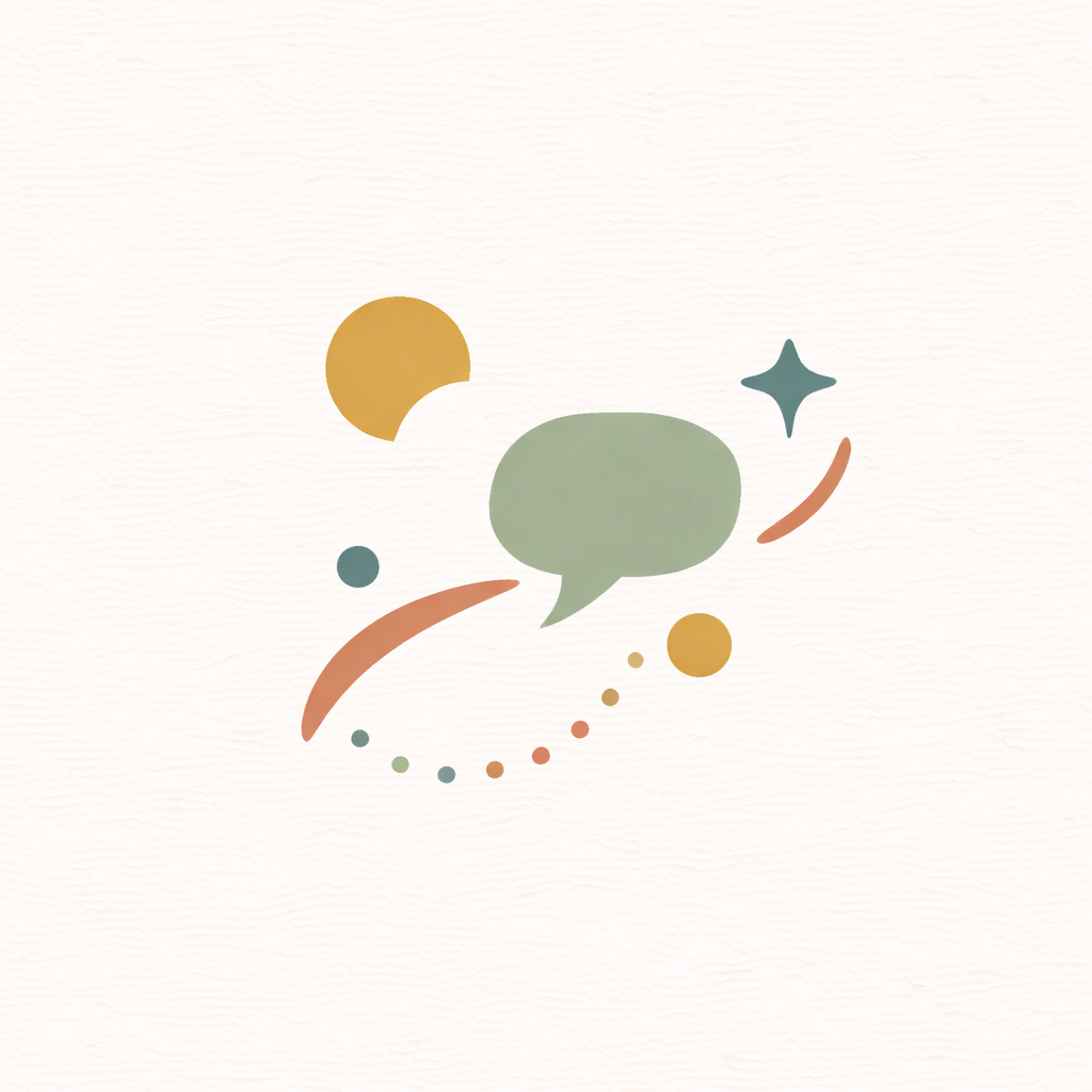 Abstract colorful shapes including circles, a speech bubble, a star, and curved lines on a light background.