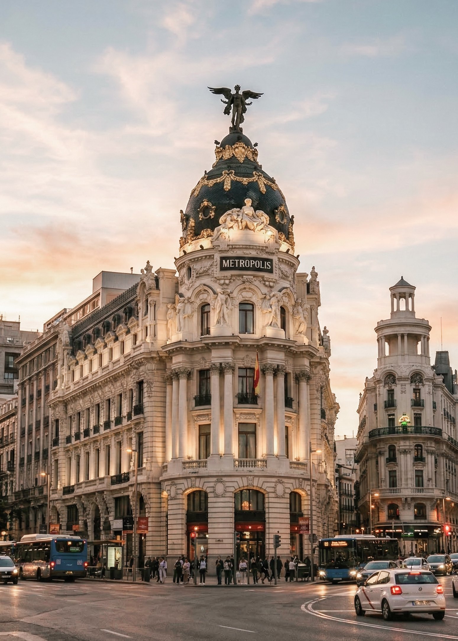 A stunning sunset view of a grand historic building in a European city square with light trails from moving traffic, representing luxury European city tours
