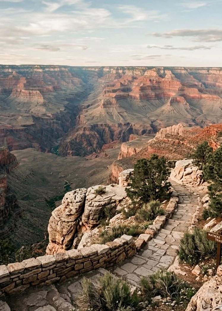 A wide, sweeping view of the Grand Canyon's layered red rock formations under a soft blue sky, taken from a stone-paved hiking trail at the rim