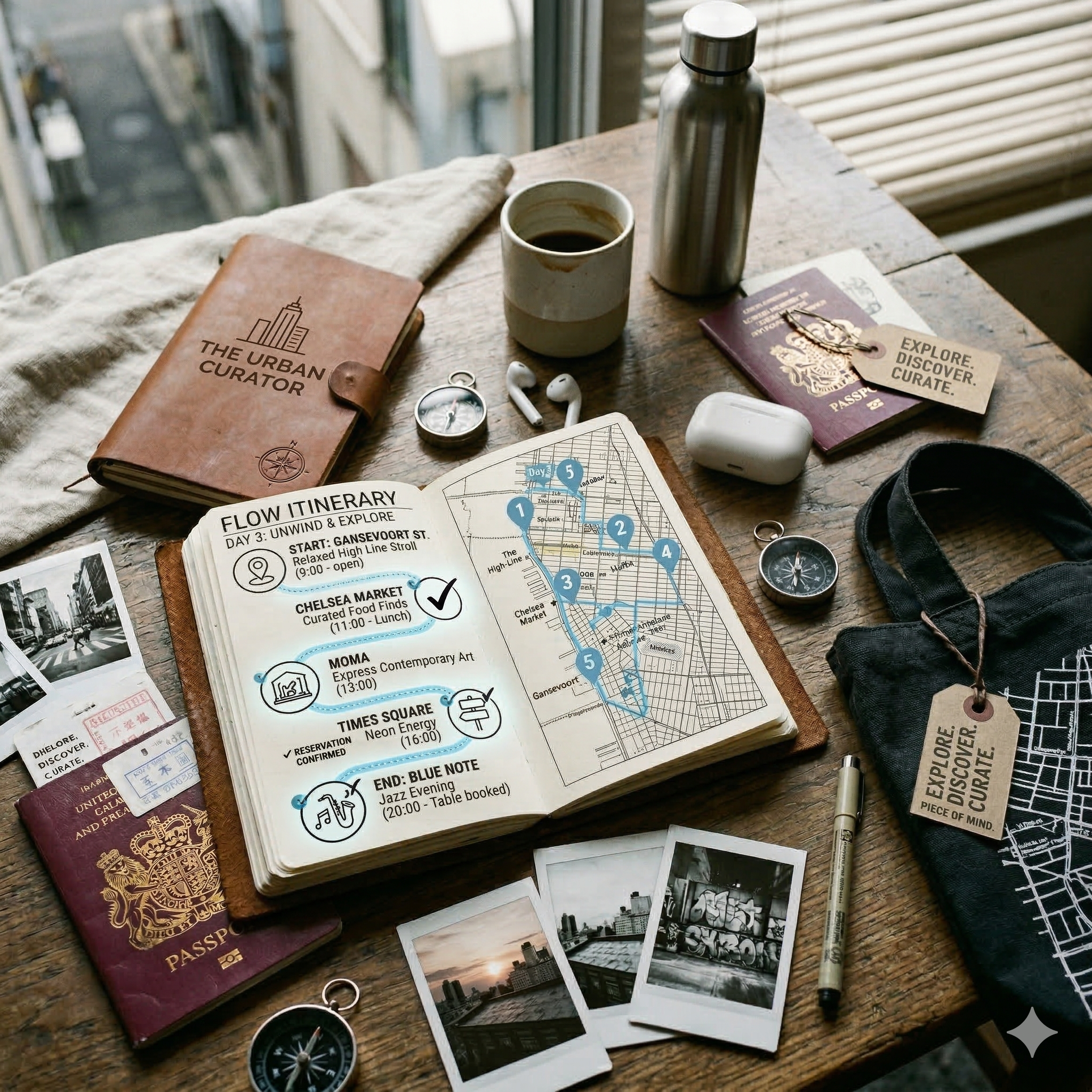 A flat-lay of a traveler's journal with hand-drawn maps, polaroid photos, and a compass on a wooden table, representing curated trip planning