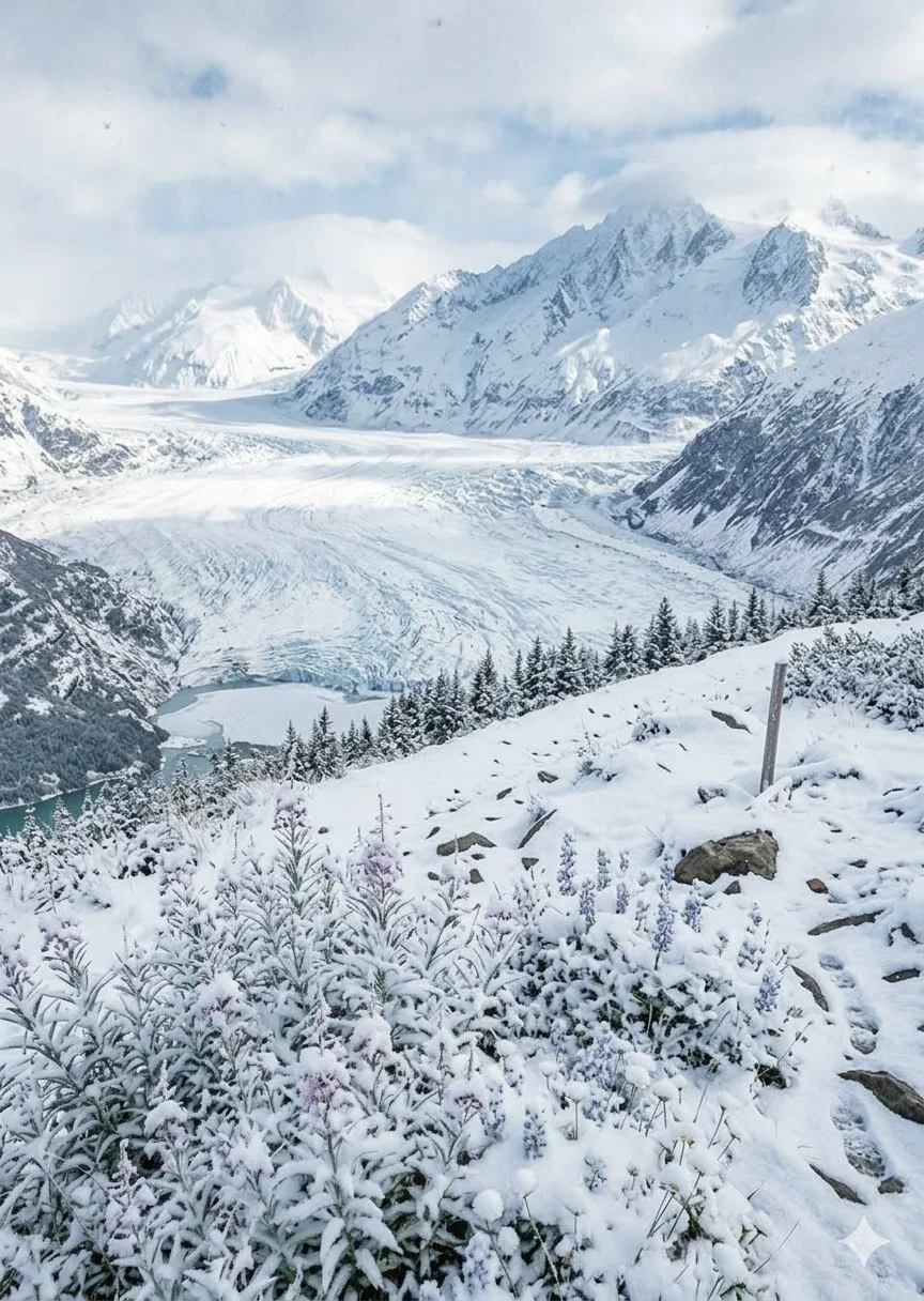 breathtaking snowy mountain landscape featuring a vast glacier flowing between peaks, with frosted evergreen trees and wildflowers in the foreground