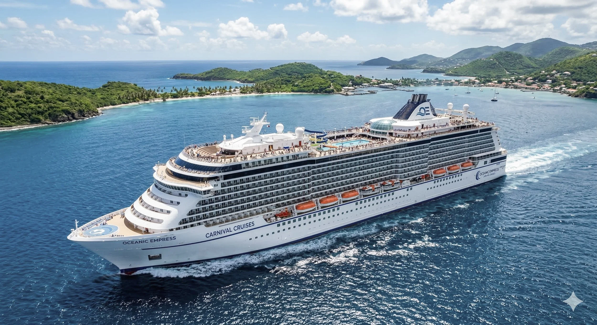 A large, multi-deck luxury cruise ship sailing through deep blue ocean waters under a clear sky