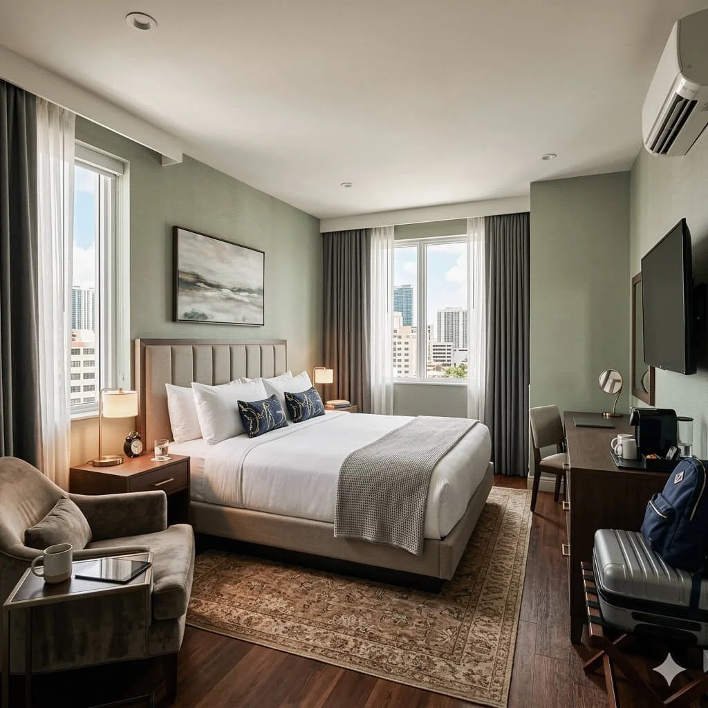 A modern, high-end hotel room with a plush king-sized bed, large windows overlooking a city, and elegant interior design