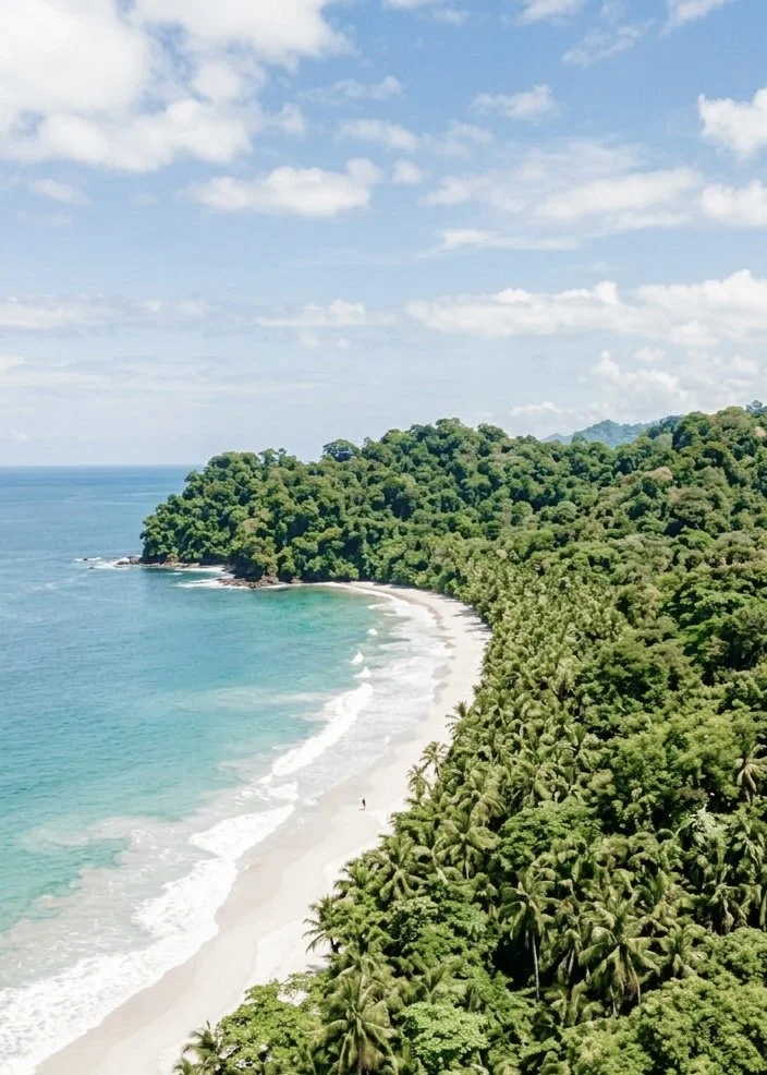 An aerial view of a secluded tropical beach with turquoise water, white sand, and leaning palm trees, representing luxury island getaways