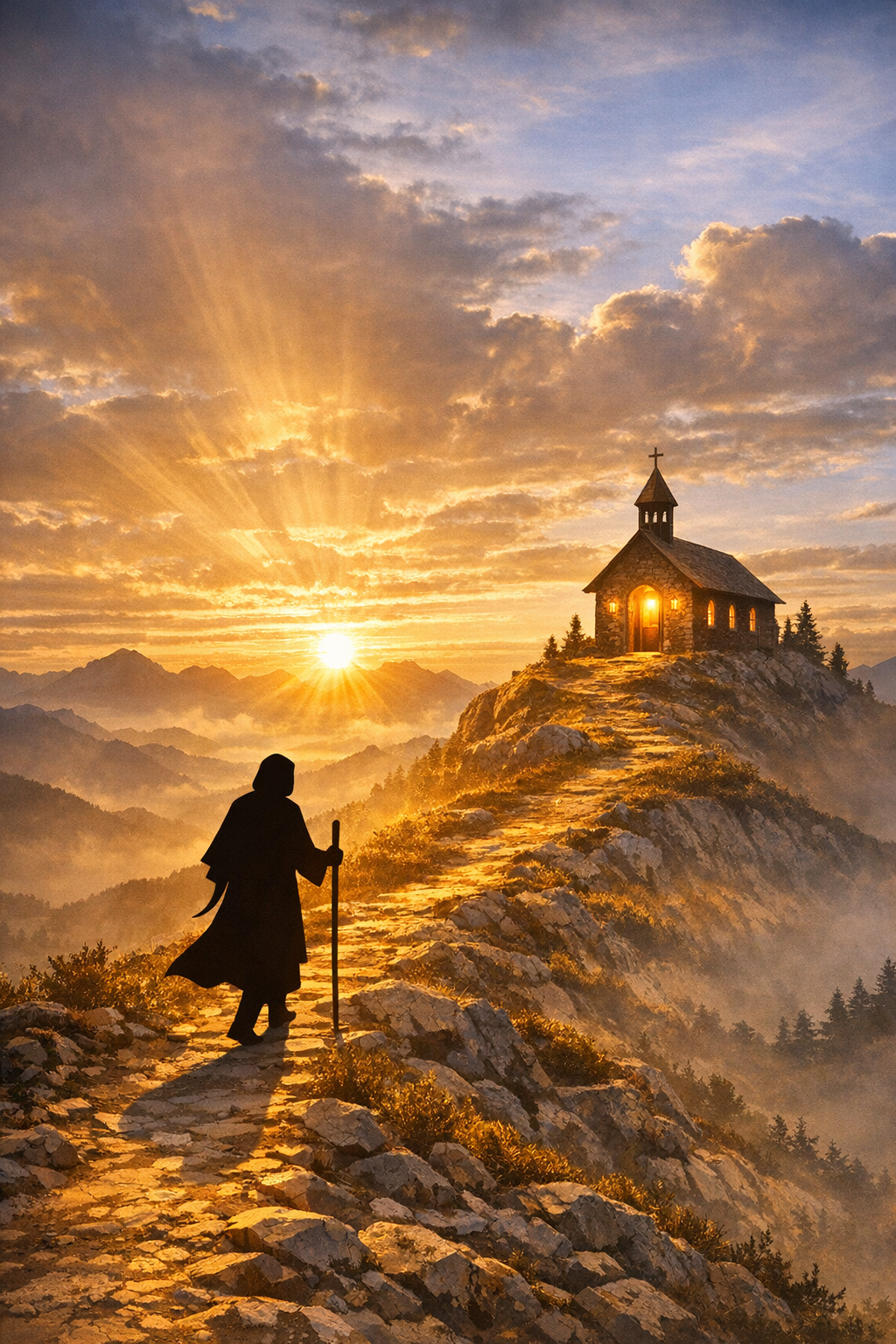 A silhouette of a person walking along a rocky mountain path at sunrise, towards a small church on a hill, with the sun shining through the clouds in a mountainous landscape.