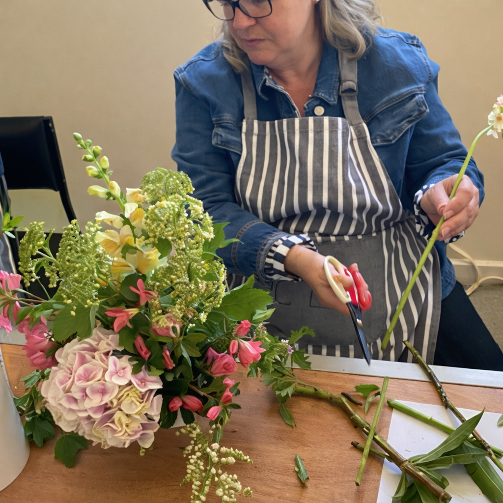 An elder woman wearing glasses, a denim jacket, and a striped apron is arranging a bouquet using scissors. The bouquet includes pink, white, and green flowers and green leaves on a wooden table.