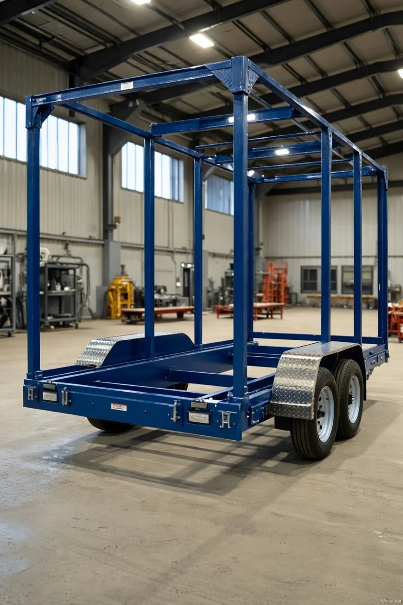 Steel Fabricated Custom Trailer: Inside Warehouse of Welder. Benjamin Struve fabricates custom trailers at his company in Dayton Ohio, called Flame & Frame Fabrication LLC.