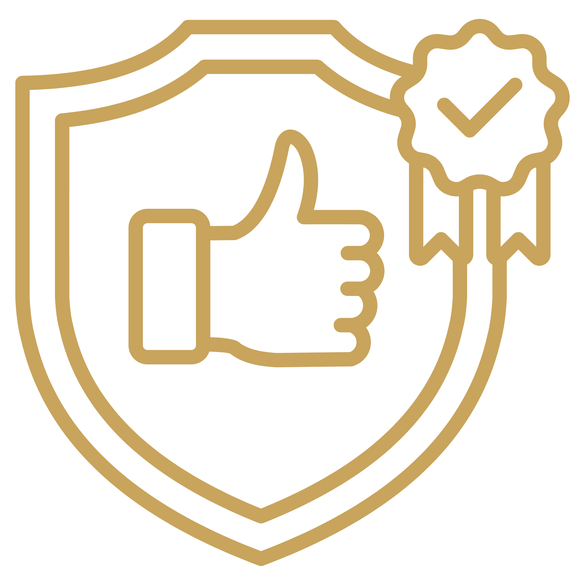 Gold outlined icon of a sandwich with a checkmark badge.
