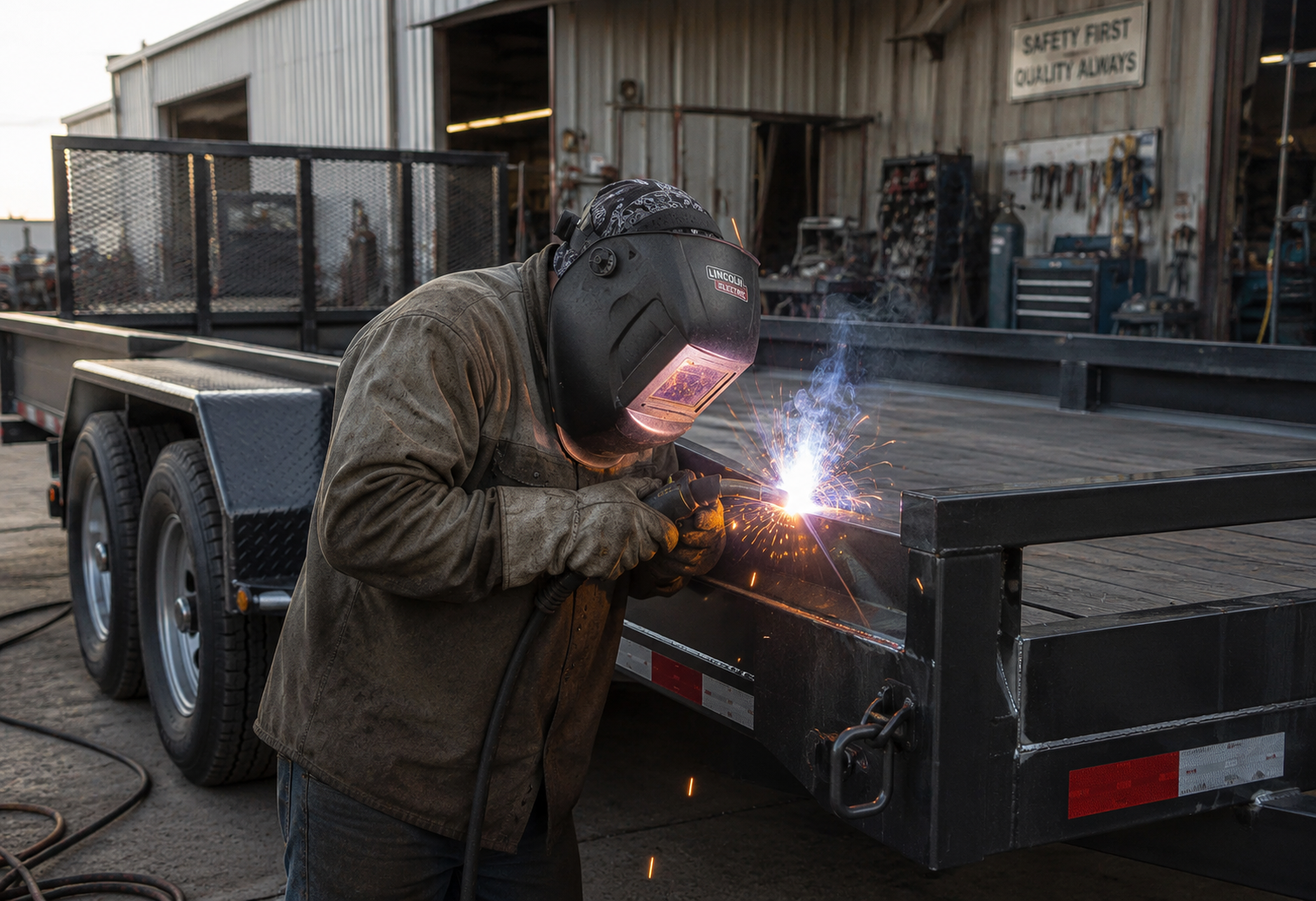 A person wearing a welding helmet and gloves welding a metal frame on a flatbed trailer outside a workshop.
