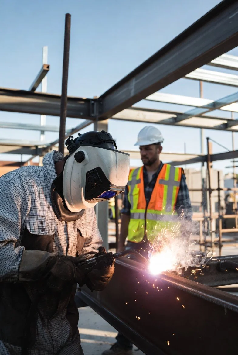 A worker wearing a welding helmet and gloves welding a metal pipe at a construction site, with another worker in a white hard hat and safety vest observing in the background.