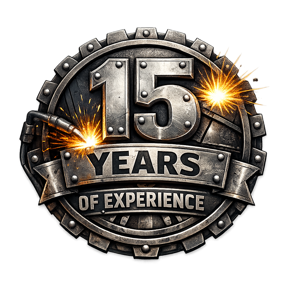 A metallic badge celebrating 15 years of experience, with sparks and welding effects.