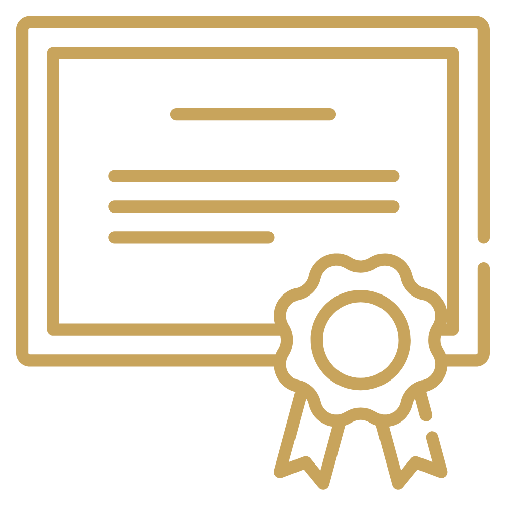 Gold and black icon of a certificate with a ribbon.