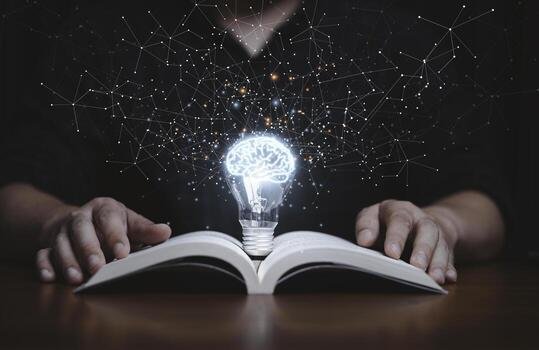 Open book with a glowing lightbulb and a neural network illustration above it