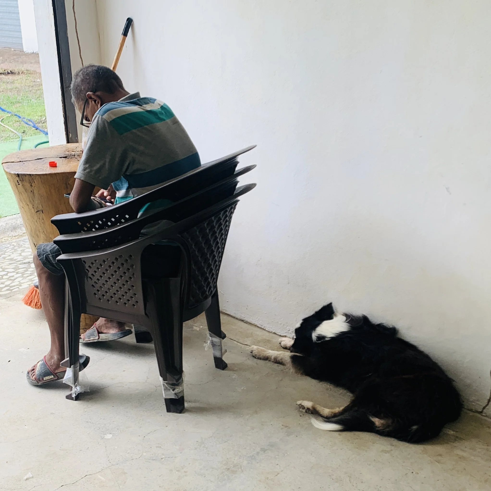 A man with gray hair, wearing glasses, a striped shirt, shorts, and sandals, is sitting on a black plastic chair outside near an open door. He has a crutch under his right arm and is looking down at his phone. A black and white dog is lying on the ground next to him, partially visible.