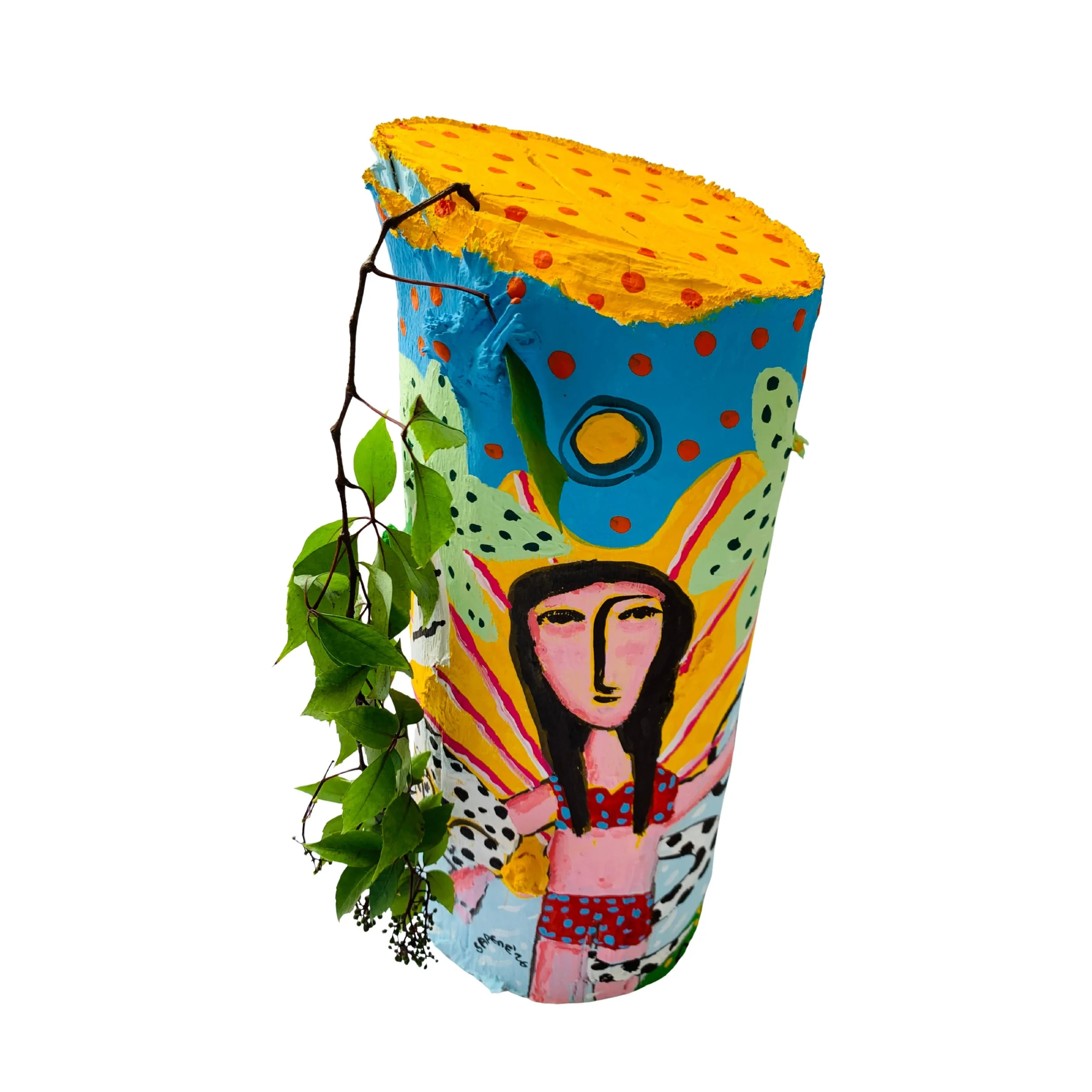 Kavanayén. Un trocito de mi árbol. 2026. Found object and acrylic made in Mexico. 15 × 16 × 18 in 37 × 16 × 18 cm