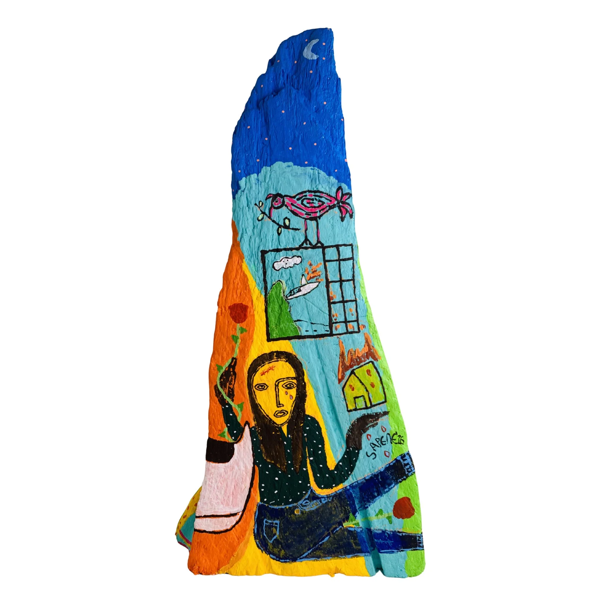 Kavanayén: Niña buena niña mala. 2026 Found tree trunk, acrylic 27 × 8 × 13 in 68 × 20 × 34 cm