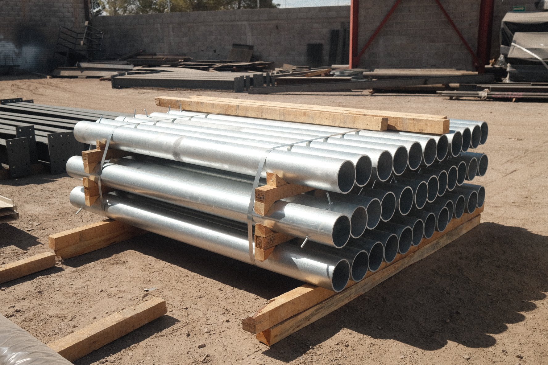 Stacked metal pipes secured with straps on a wooden pallet at a construction site.