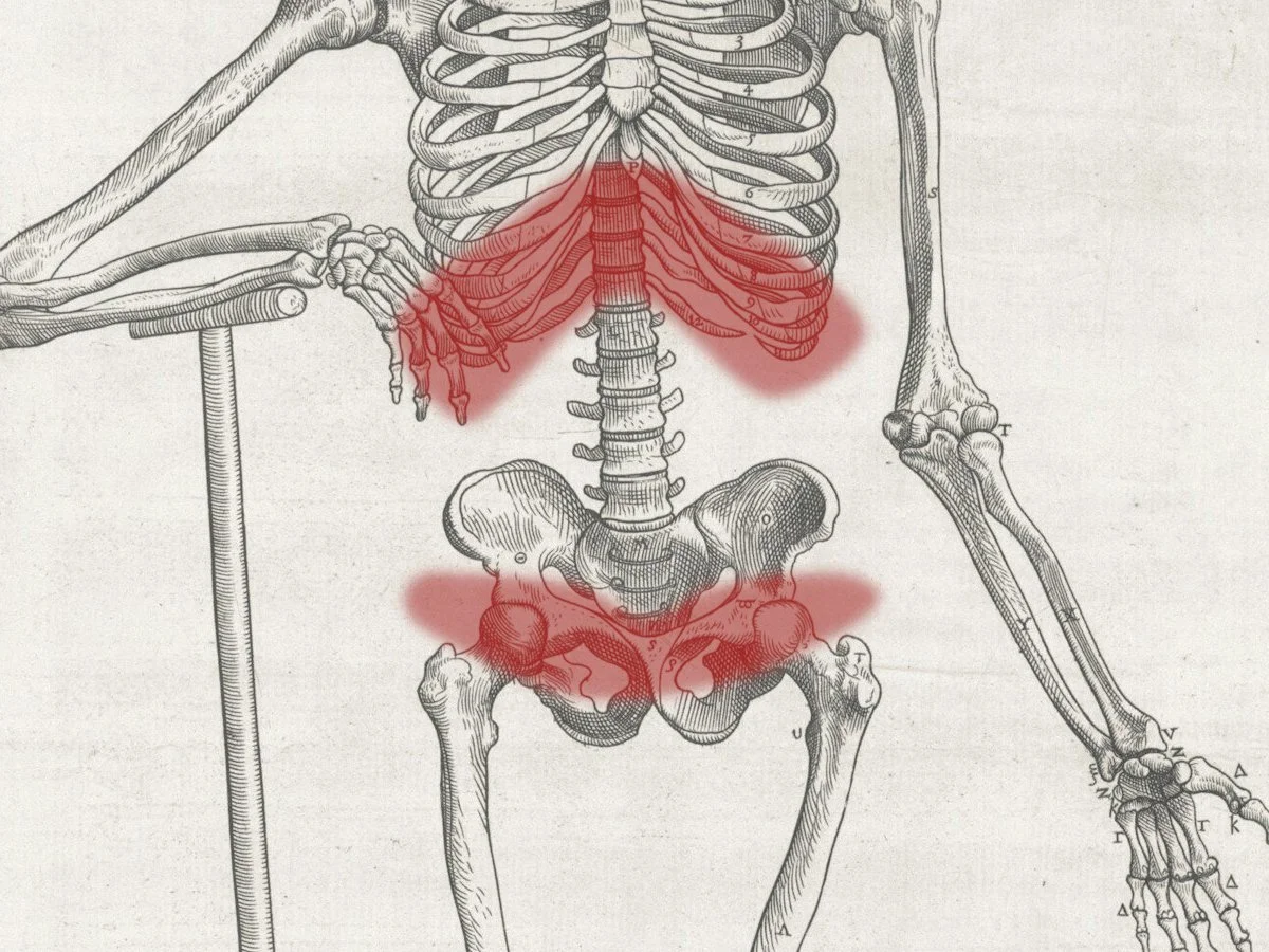 Anatomical illustration of a human skeleton highlighting the lower back and pelvic area with red shading around the lower ribs and pelvis, indicating regions of potential discomfort.