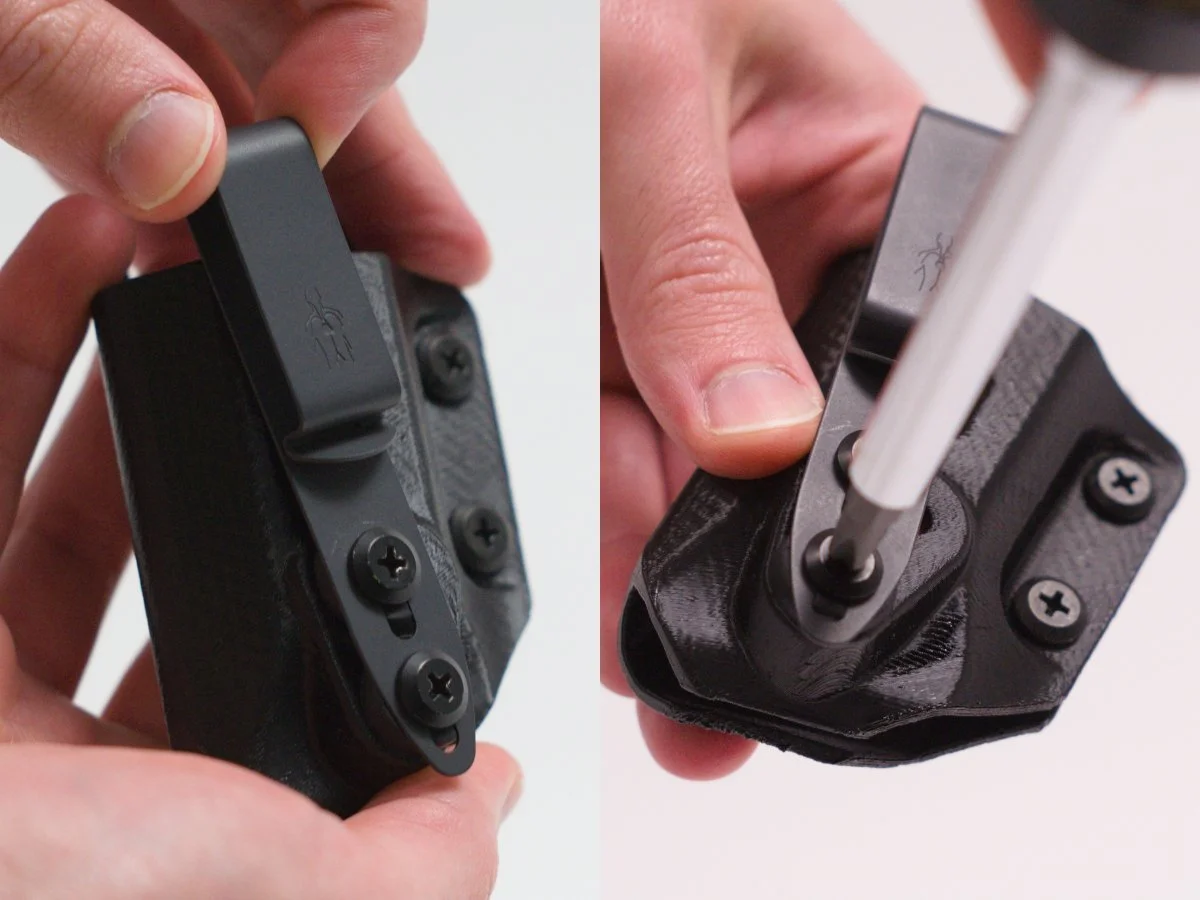 Close-up of hands adjusting the belt clip on a black Mockingbird Defence magazine pouch using a screwdriver.