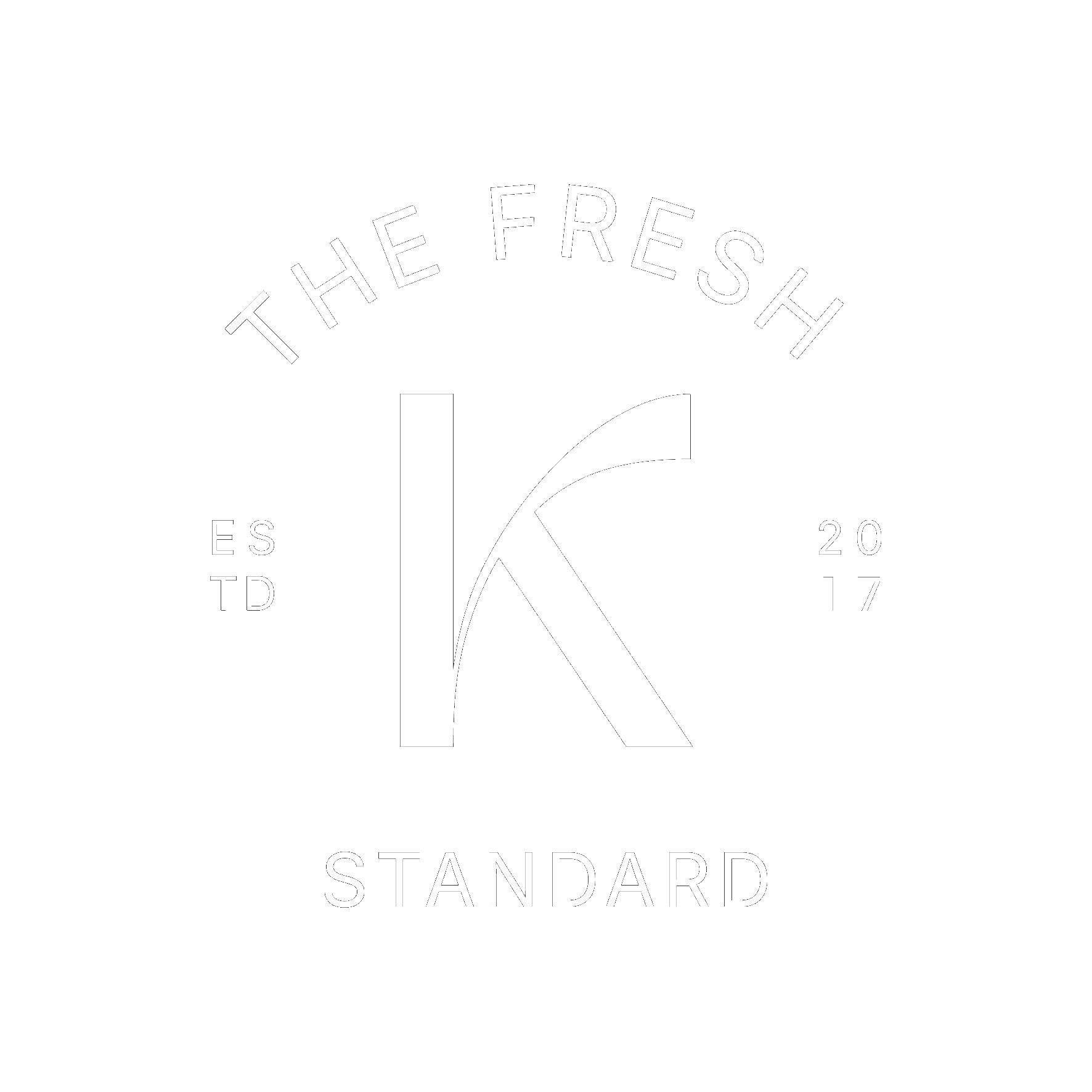 Krisp Standard logo in white on a black background with a stylized ‘K,’ ‘The Fresh’ arched above, ‘ESTD’ on the left, ‘2017’ on the right, and ‘Standard’ below.”