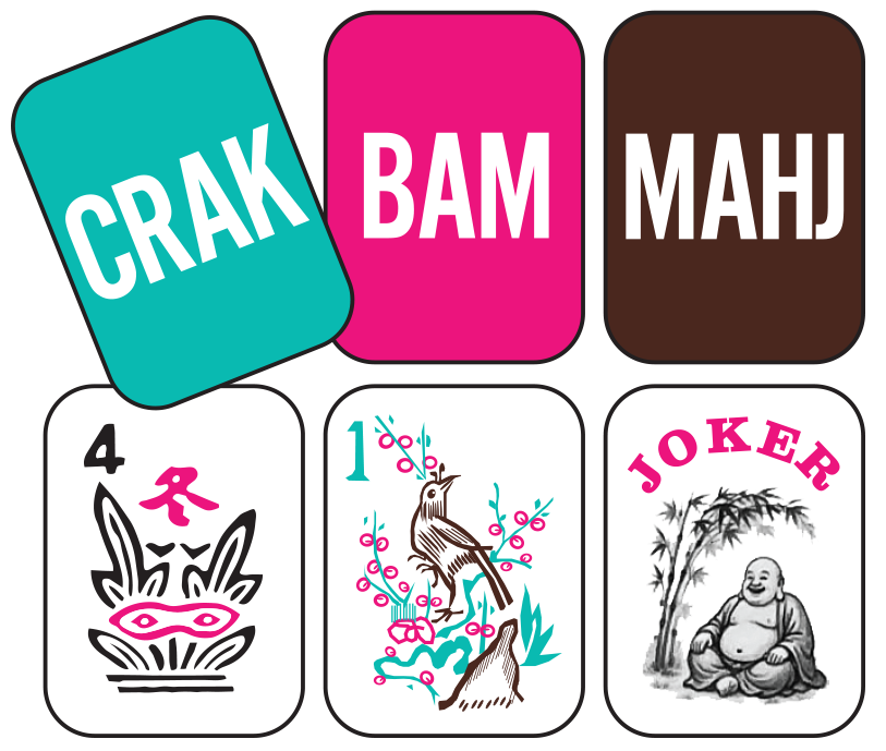 Three colorful rectangular tiles with the words 'CRAK,' 'BAM,' and 'MAHJ' in bold white letters, each in different colors: teal, pink, and brown, arranged in a row. Below them, three illustrated playing cards feature traditional design with one playing 4 of a kind, one with the number 1 and a bird perched on a branch, and a joker card with a smiling monk sitting under bamboo.