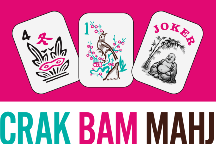 Three cards from a traditional deck, with a pink background. The first card features a black and pink stylized plant, the second card is a bird perched on a branch, and the third card is a joker with a black and white illustration of a laughing figure and the word "JOKER" in pink at the top.