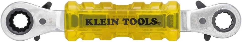 Klein Tools KT223X4-INS insulated 4-in-1 box wrench covering four bolt sizes for safe use near energized line construction equipment.