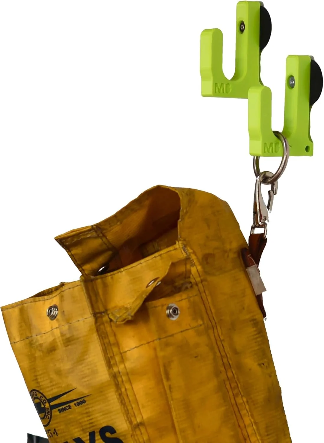 Bin door hooks mounted inside a utility truck bin door for hanging hard hats, gloves, and tool bags.