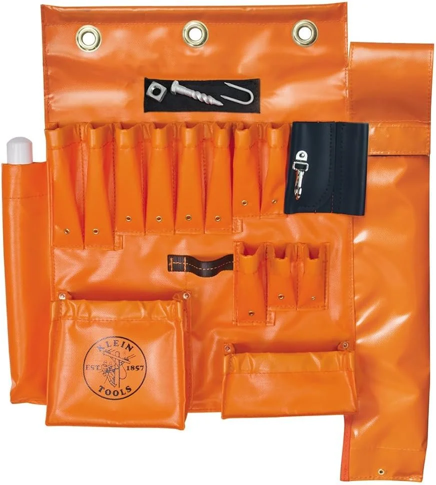 Klein Tools 51829MHS aerial apron with pockets for bolts, nuts, split bolts, and small hardware worn at the waist during aerial work.